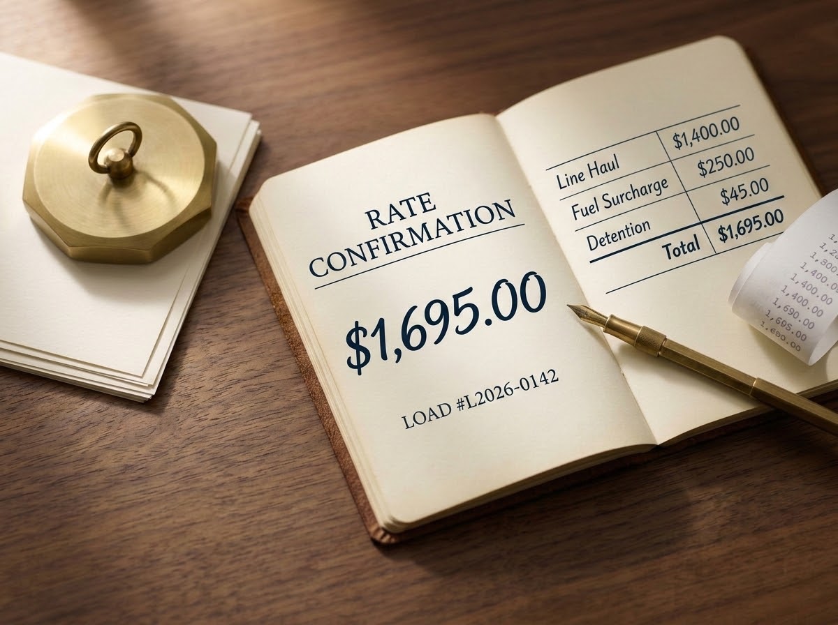 A brass paperweight resting on a rate confirmation document beside an open leather notebook showing a Rate Confirmation total of $1,695 with itemized line items — representing SRL's transparent, itemized rate confirmations