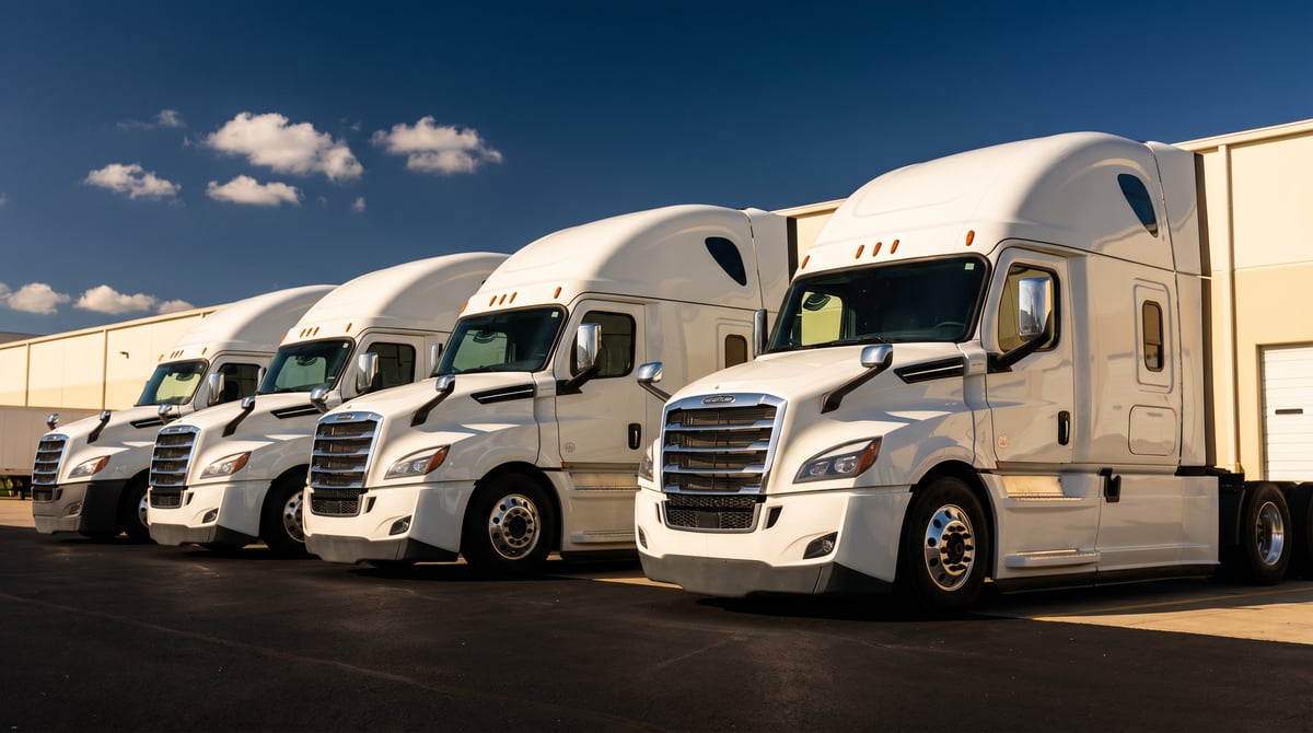 Lineup of modern white Freightliner Cascadia tractors at a sunlit distribution yard, representing assured dedicated capacity