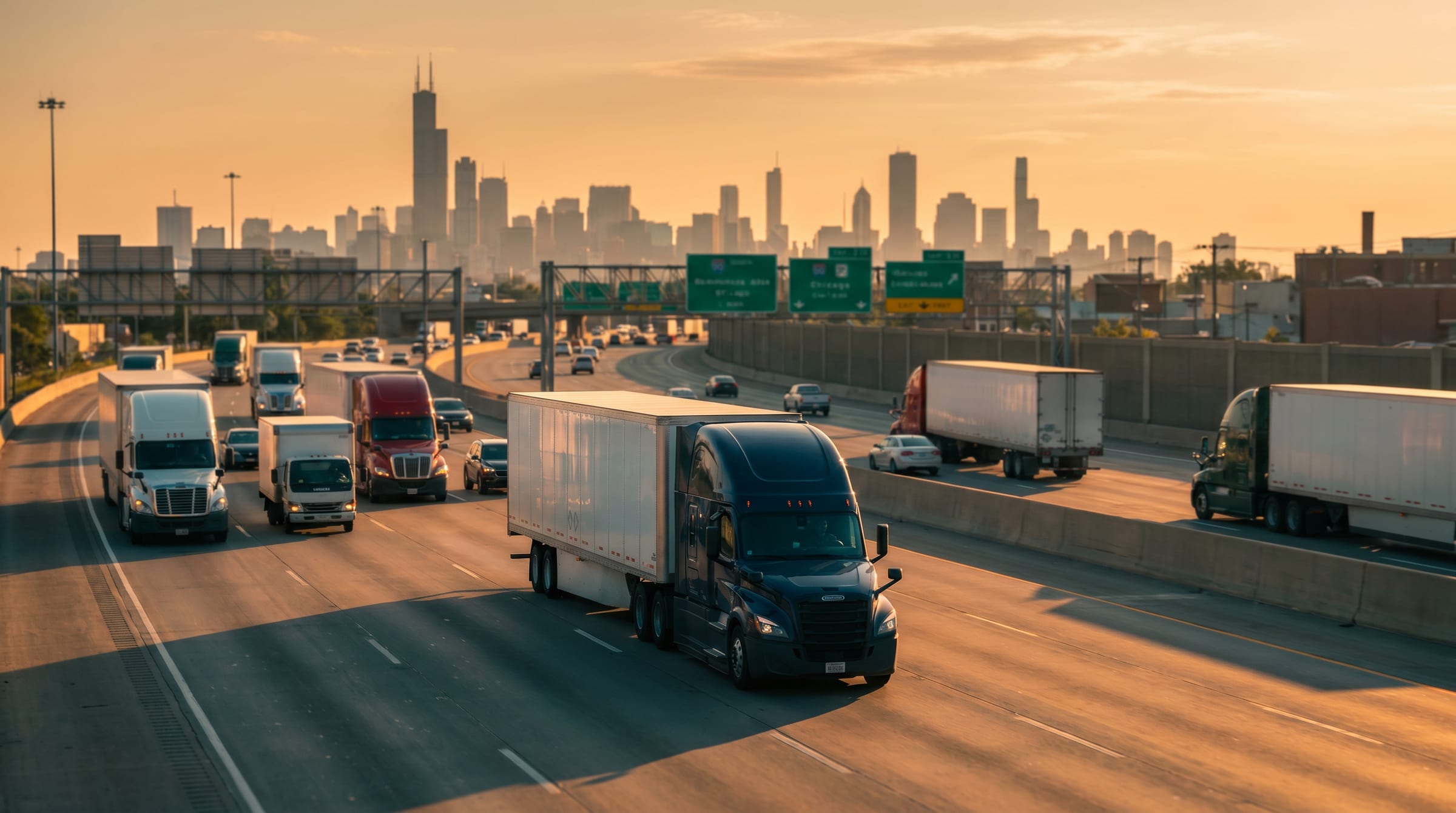 A Silk Route Logistics navy freight tractor with white 53-foot trailer in active interstate traffic with the Chicago skyline in the distance at golden hour